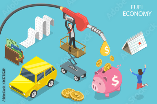 3D Isometric Flat Vector Conceptual Illustration of Fuel Economy, Reducing Fuel Consumption, Saving Money on Gasoline.