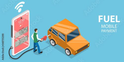 3D Isometric Flat Vector Conceptual Illustration of Fuel Mobile Payment, Petrol E-Pay App.