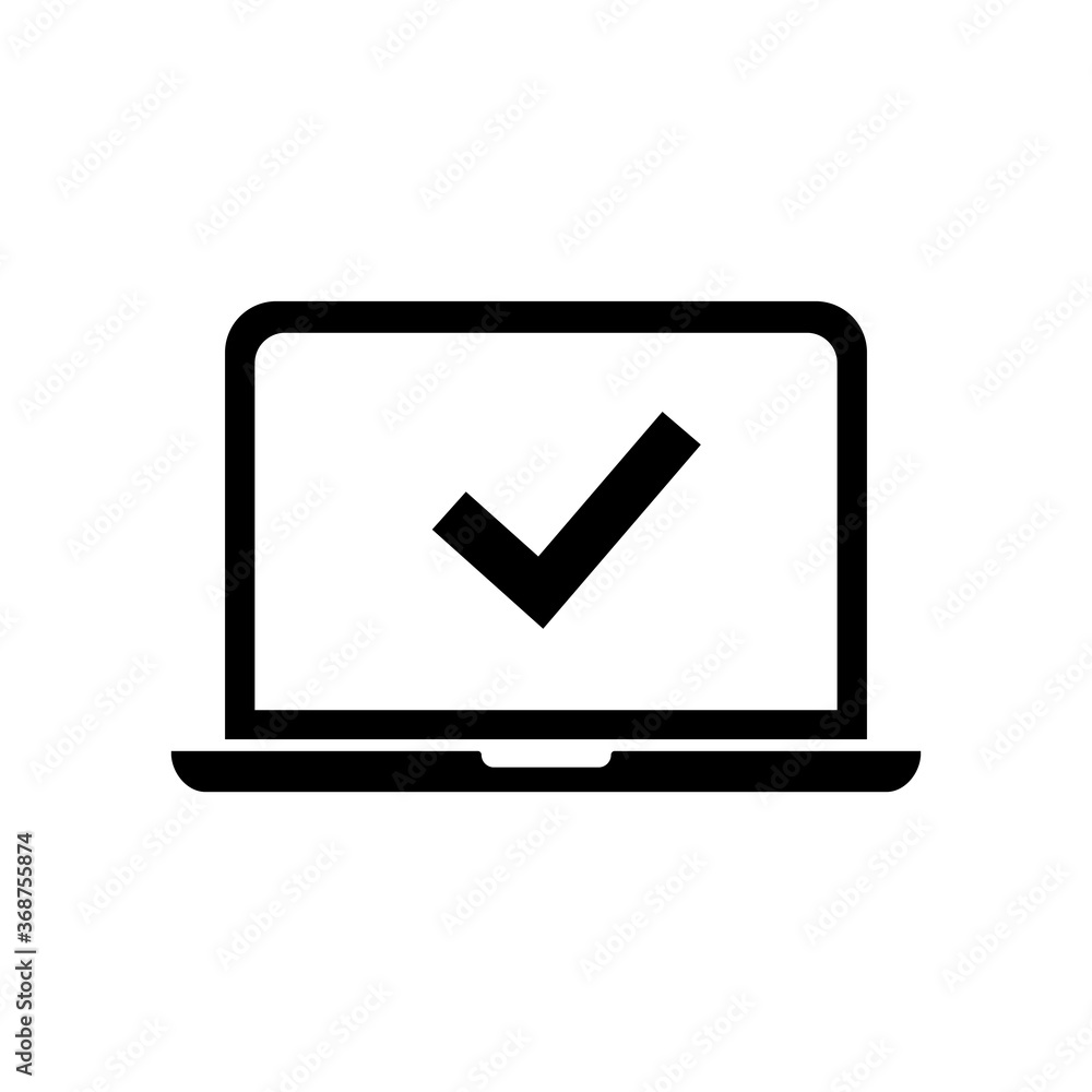 Laptop with check mark vector icon isolated on white background. Login is approved. Laptop with check mark vector icon isolated on white background. Login is approved.