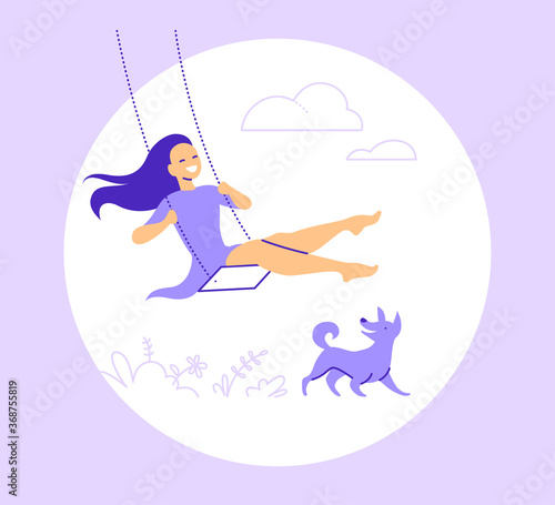 Vector illustration with young smiling girl swing on a swing on nature with clouds and grass, happy dog isolated on white background. Flat design, line art. 