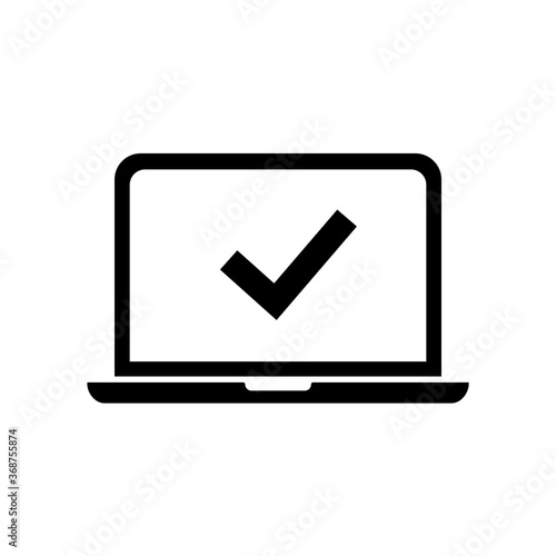 Laptop with check mark vector icon isolated on white background. Login is approved.