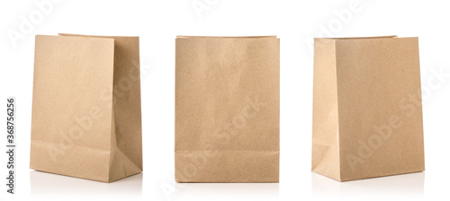 New blank brown paper bag for food packing. Studio shot isolated on white