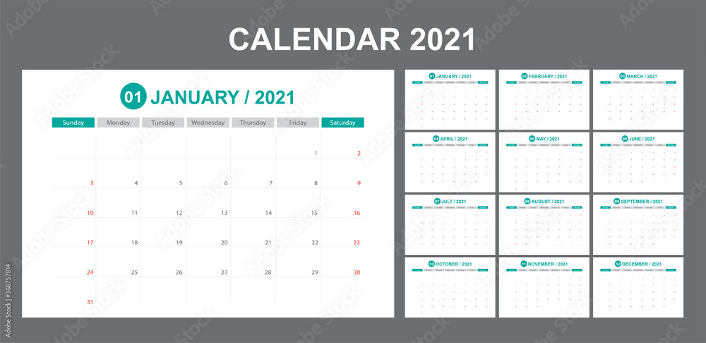 Calendar annual vector template year 2021 for office, layout corporate and company with horizontal, business planner with graphic design, element modern of schedule, Week start on Sunday. Calendar annual vector template year 2021 for office, layout corporate and company with horizontal, business planner with graphic design, element modern of schedule, Week start on Sunday.