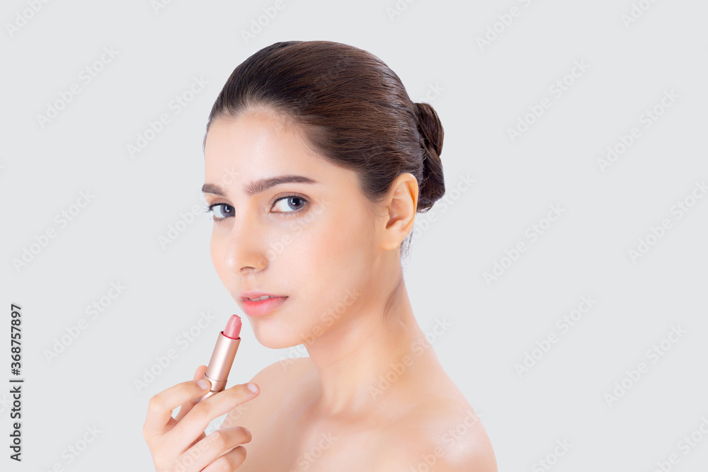 Beauty portrait young asian woman applying makeup with lipstick of mouth isolated on white background, beautiful girl on pink lips with happy, female make-up on mouth, skincare and cosmetic concept. Beauty portrait young asian woman applying makeup with lipstick of mouth isolated on white background, beautiful girl on pink lips with happy, female make-up on mouth, skincare and cosmetic concept.