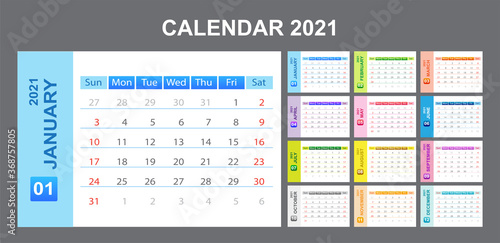 Calendar annual vector template year 2021 for office, layout corporate and company with horizontal, business planner with graphic design, element modern of schedule, Week start on Sunday.