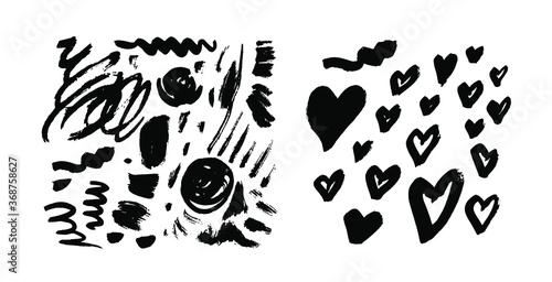 Brush stroke elements isolated. Ink painting. Cute, funny sketch. Children, kids hand drawing. Geometric elements. Set collection. Vector. Black and white, monochrome. Trendy, modern artwork
