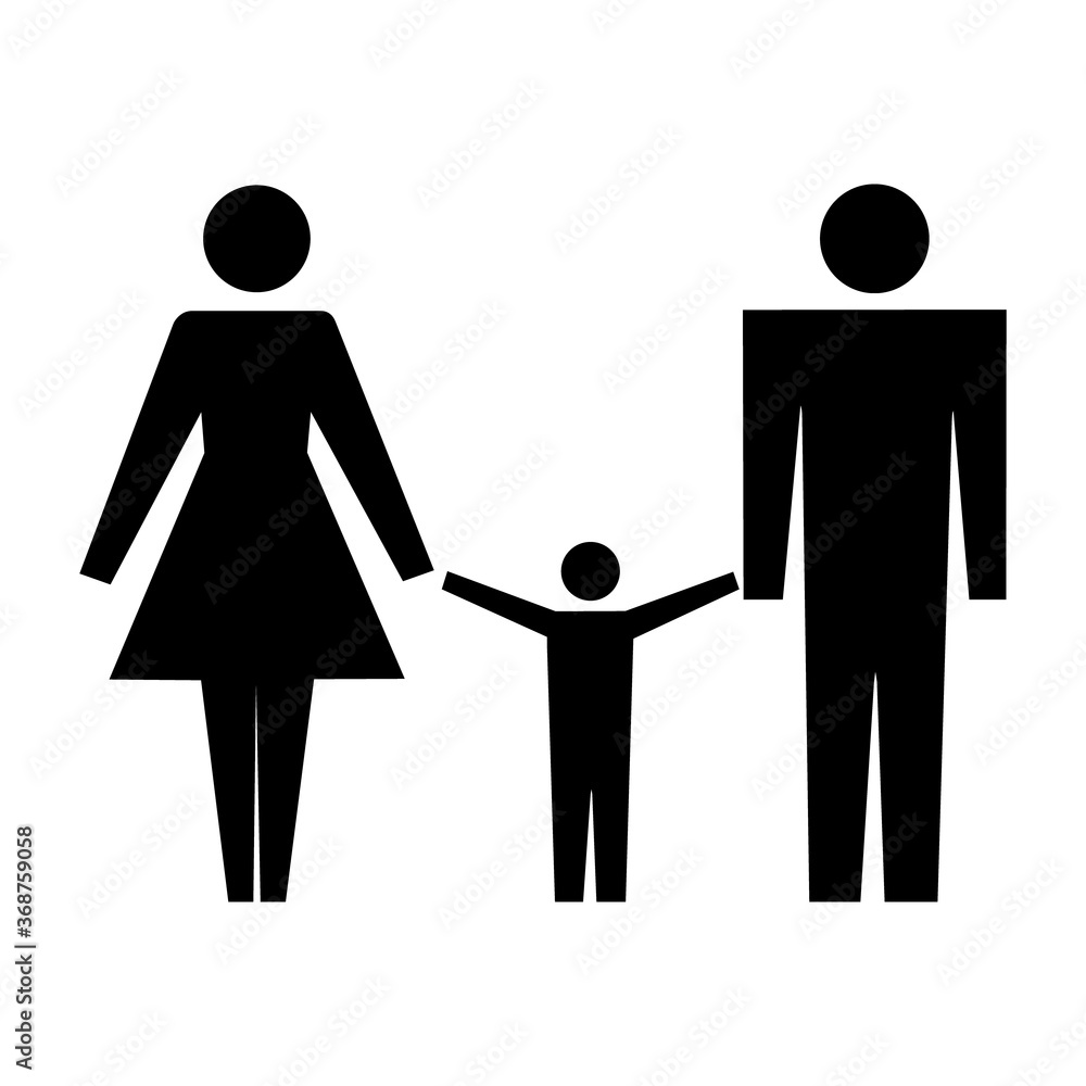Family icon isolated on white background. Vector illustration of mother, father and child. Family holding hands. Flat sign for using in Web, App, UI, Logo, Art. Family icon isolated on white background. Vector illustration of mother, father and child. Family holding hands. Flat sign for using in Web, App, UI, Logo, Art.