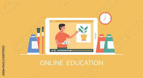 e-learning and online education concept, distance learning, man doing art painting online via video website platform on digital tablet, vector flat illustration