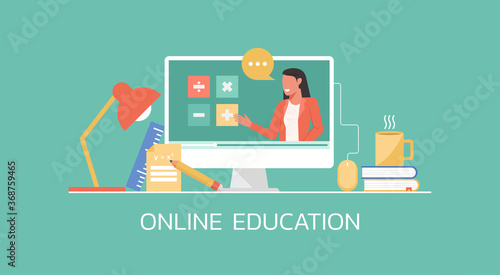 e-learning and online education concept, distance learning, female teacher connecting online math lesson via video website platform on computer, vector flat illustration