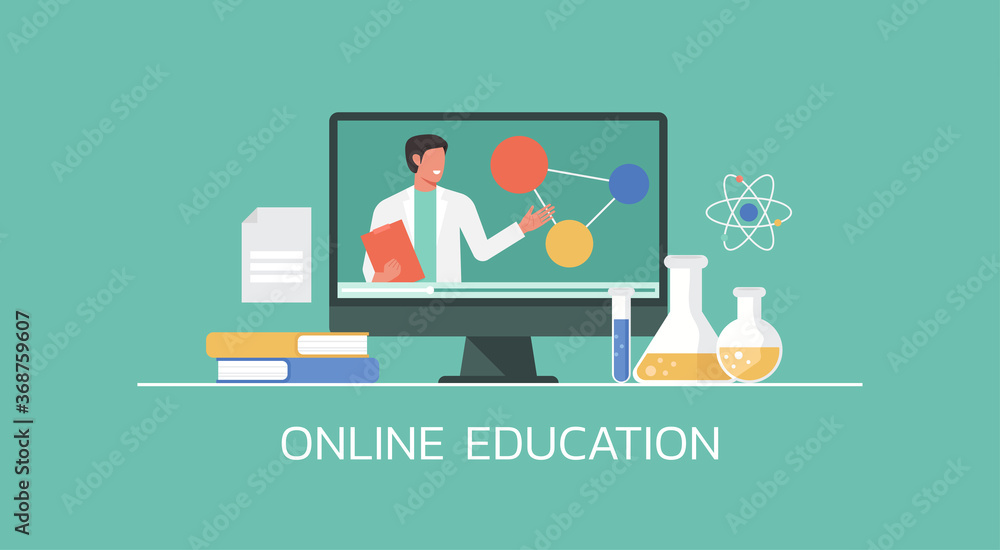 e-learning and online education concept, distance learning, professor connecting online science lesson via video website platform on computer, vector flat illustration - obrazy, fototapety, plakaty 