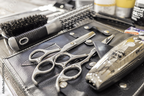 URALSK KAZAKHSTAN JUNE 20, 2020: Barber Tool Kit. Closeup. Side view