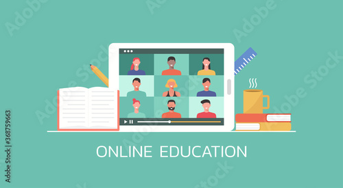 e-learning and online education concept, distance learning, people connecting together via video conference on digital tablet, vector flat illustration