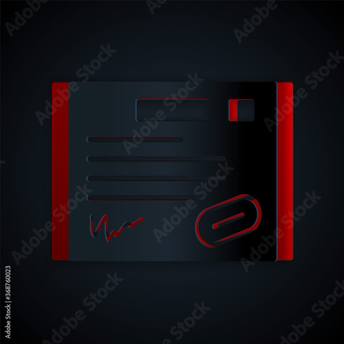 Paper cut Warranty certificate template icon isolated on black background. Paper art style. Vector Illustration