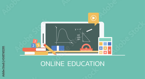 e-learning and online education concept, distance math learning lesson on website platform on smartphone, vector flat illustration