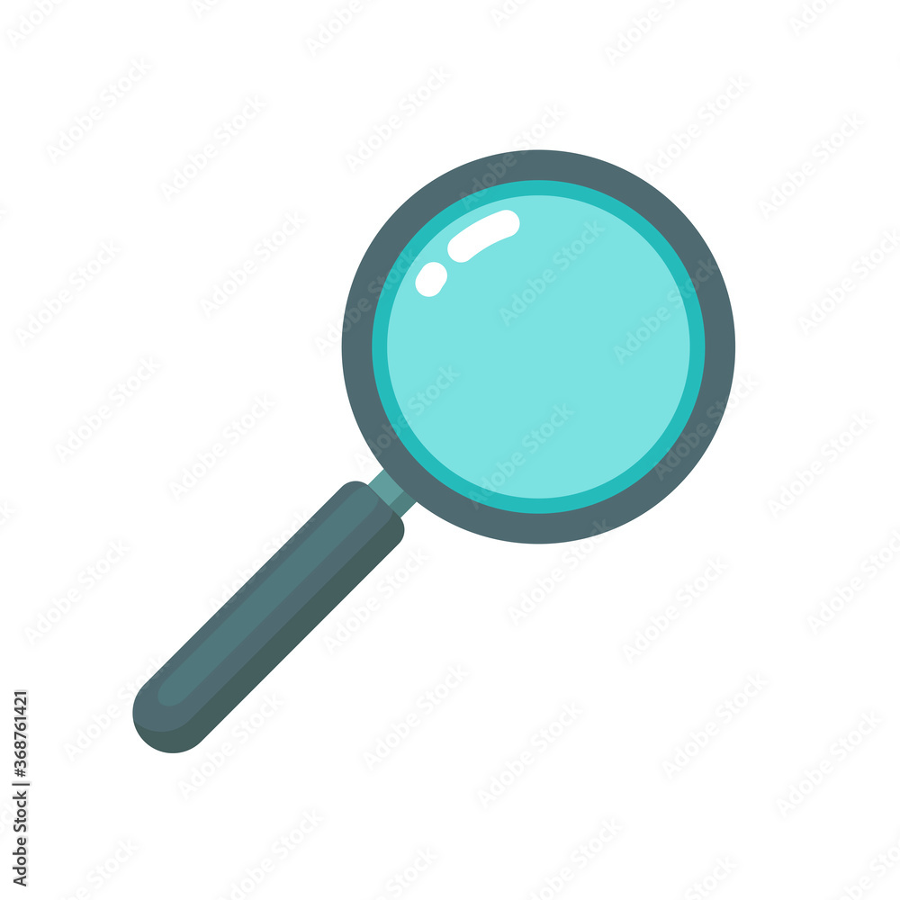 Magnifying glass with reflection isolated icon on white background. Analysis, exploration, zoom, scrutiny, audit, business concepts. Vector flat illustration. Magnifying glass with reflection isolated icon on white background. Analysis, exploration, zoom, scrutiny, audit, business concepts. Vector flat illustration.