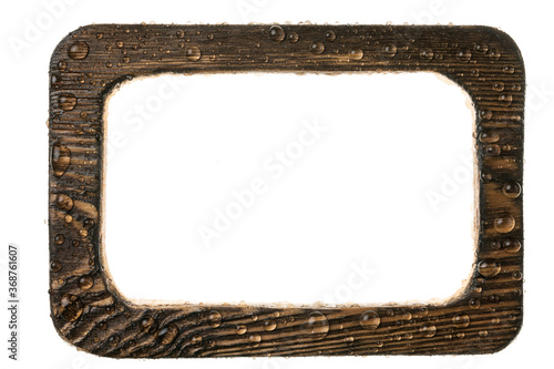 Wooden frame with dew drops. Isolated