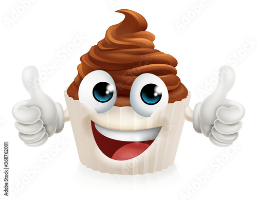 A cupcake or fairy cake cream chocolate muffin cartoon mascot character with chocolate whipped icing frosting