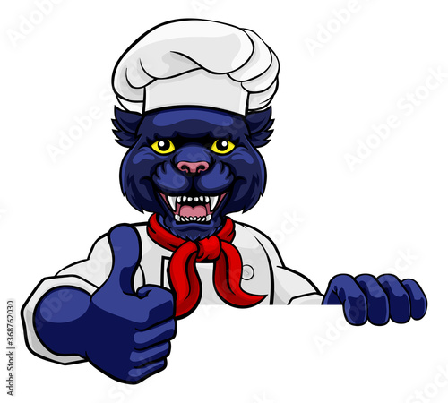 A panther chef mascot cartoon character peeking round a sign and giving a thumbs up