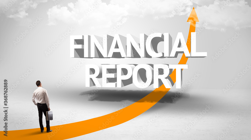 Rear view of a businessman standing in front of FINANCIAL REPORT inscription, successful business concept Rear view of a businessman standing in front of FINANCIAL REPORT inscription, successful business concept