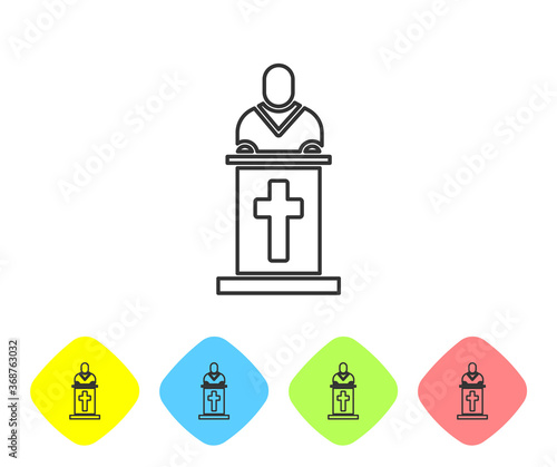 Grey line Church pastor preaching icon isolated on white background. Set icons in color rhombus buttons. Vector Illustration