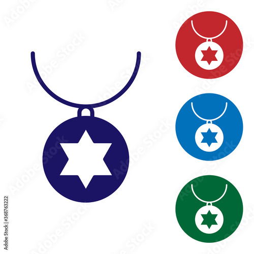 Blue Star of David necklace on chain icon isolated on white background. Jewish religion. Symbol of Israel. Jewellery and accessory. Set icons in color square buttons. Vector Illustration