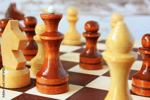 Wooden chess pieces on a chessboard