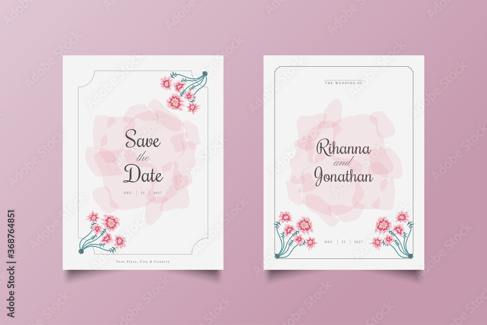 Wedding Invitation Template with Watercolor splash and Flower Ornaments