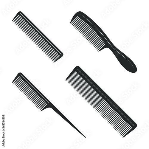 Combs graphic icons set. Different combs for hair black signs isolated on white background. Barbershop symbols. Vector illustration