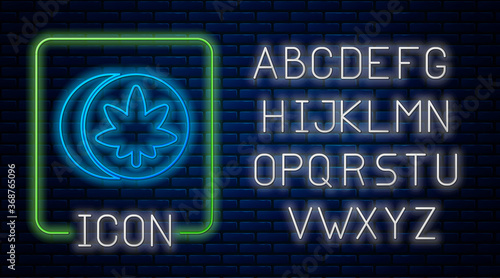 Glowing neon Herbal ecstasy tablets icon isolated on brick wall background. Neon light alphabet. Vector Illustration