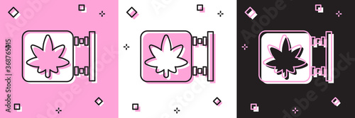 Set Marijuana and cannabis store icon isolated on pink and white, black background. Equipment and accessories for smoking, storing medical cannabis.  Vector Illustration