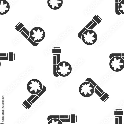 Grey Chemical test tube with marijuana or cannabis leaf icon isolated seamless pattern on white background. Research concept. Laboratory CBD oil.  Vector Illustration