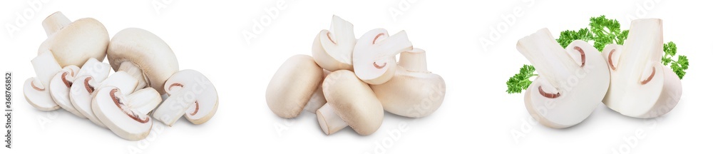 Fresh mushrooms champignon isolated on white background with clipping path and full depth of field. Set or collection Fresh mushrooms champignon isolated on white background with clipping path and full depth of field. Set or collection