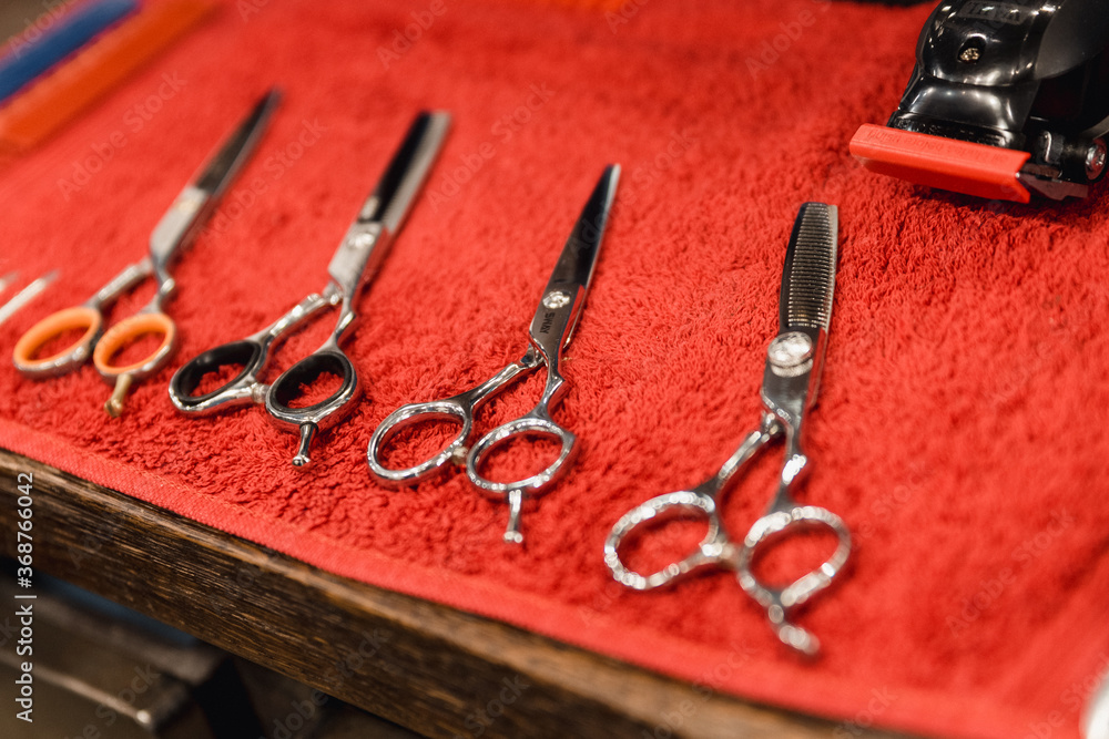 Barber tool in Hairdresser tool. Scissors, combs, razors