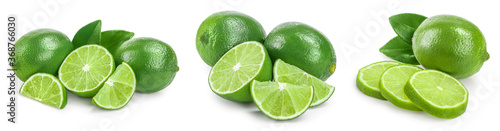 lime with half and leaf isolated on white background. Set or collection