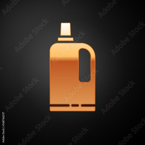 Gold Fabric softener icon isolated on black background. Liquid laundry detergent, conditioner, cleaning agent, bleach.  Vector Illustration