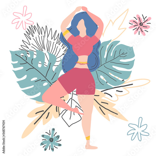Woman in a tree pose Vrikshasana . Yoga, concept of meditation, health benefits for the body, control of the mind and emotions.