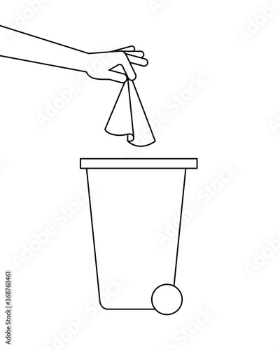 Hand is throwing away a paper tissue in a trash bin. Dispose used paper towels. Respiratory hygiene. COVID-19 prevention. Line icon. Black outline on white background. Vector illustration, clip art. 