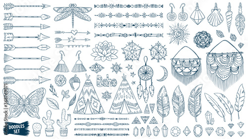 Boho doodles set. Ethnic. Tribal. Bohemian style. Feather. Arrows. Crystal. Macrame. Ornaments. Fashion. Trendy sketches collection.