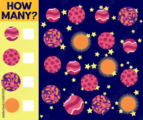 Counting Game for Preschool Children. Educational a mathematical game. Count how many spaceships