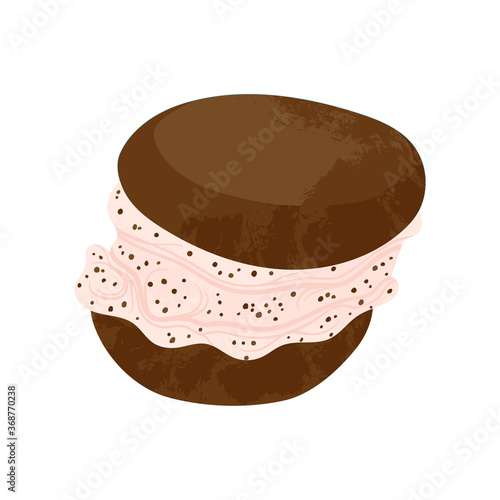 Chocolate dessert with whipped cream vector flat cartoons illustration. Tasty cake with chocolate. Isolated on white background. Stock image.