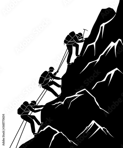Silhouette traveling people. Climbing on mountain. Vector illustration hiking and climbing team. Squad of three mountaineer alpinists with backpacks climb the slope of the mountain with a taut rope