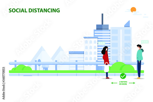 Social distancing and coronavirus prevention. The man and woman wear a white mask and talking in public area and keep distance 2 meters or more to prevent the spreading of corona virus in the city.