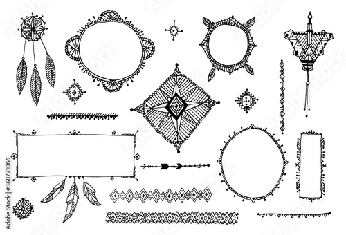 Vector boho decor set, collection of hand drawn doodle borders, dividers, design elements, arrows. Isolated. May be used for wedding invitations, birthday cards