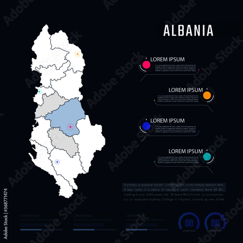Albania country map infographics vector with pointer marks and circle chart. Editable Infographics template. Vector illustration