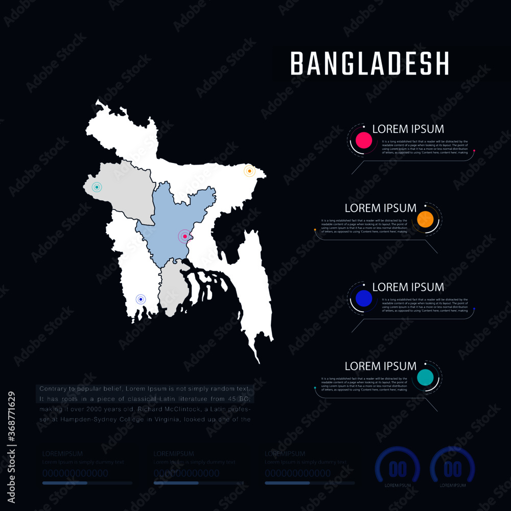 Bangladesh country map infographics vector with pointer marks and circle chart.  Editable Infographics template. Vector illustration
