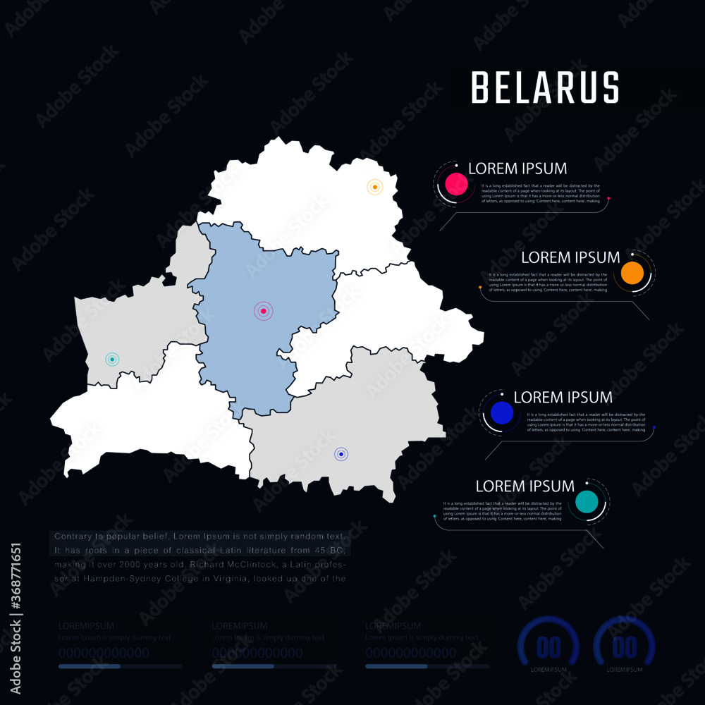 Belarus country map infographics vector with pointer marks and circle chart.  Editable Infographics template. Vector illustration