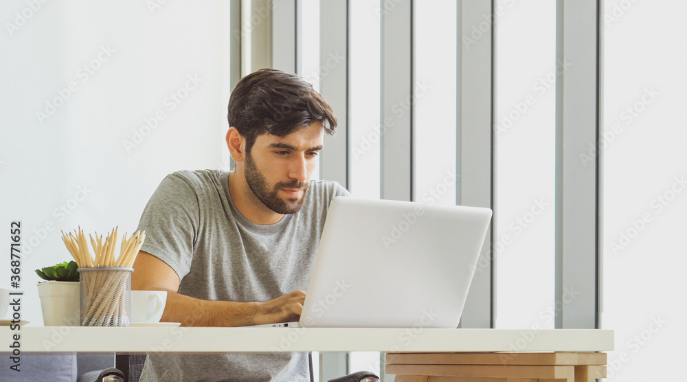 young handsome caucasian man with serious face using computer to work from home. business and technology concept young handsome caucasian man with serious face using computer to work from home. business and technology concept