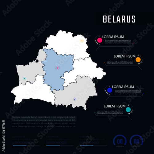 Belarus country map infographics vector with pointer marks and circle chart. Editable Infographics template. Vector illustration