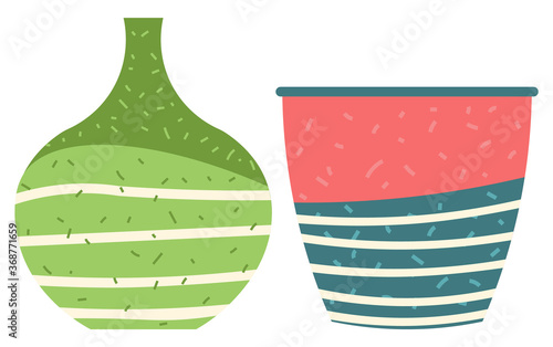 Set of striped vase isolated on white. Crockery decorative jar with waves ornament, color pot in flat style design, ceramic flowerpot. Handmade items from clay. Vase for flowers. Vector illustration