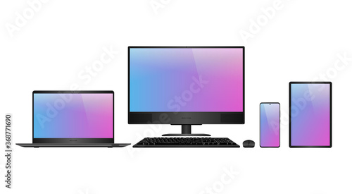 Laptop, desktop computer, smartphone and tablet realistic vector mockups. Personal computers and mobile devices for responsive web design. Isolated dummy gadgets with sample blank screens. Device set.